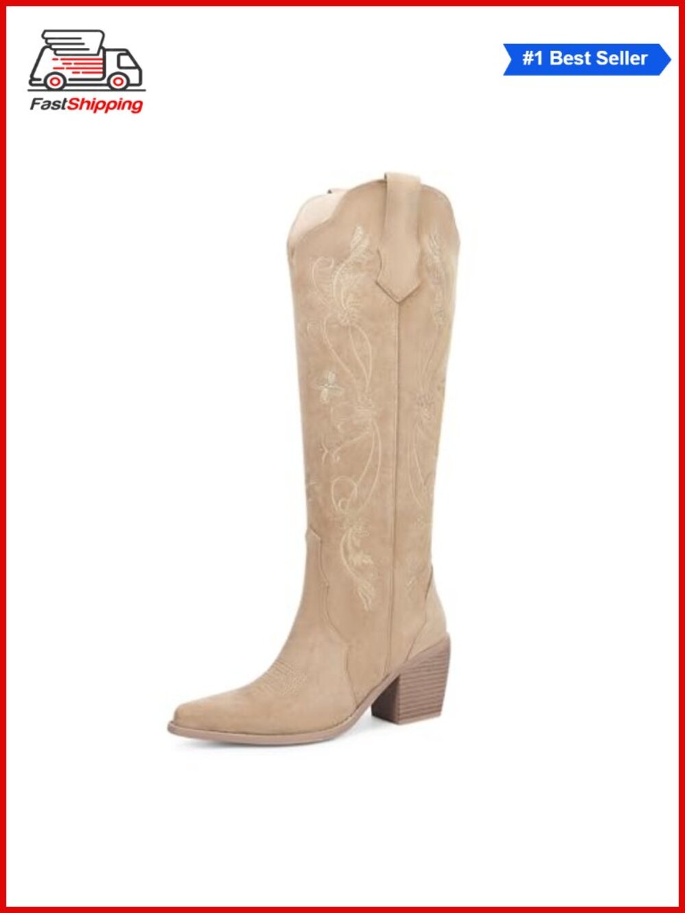⨠Faux Suede Knee High Cowboy Boots Embroidered Pointed Toe Western Boots